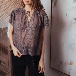 Like-new Caballero Collection Kelsie Top Ditsy Floral Black Ruffle Sheer Top